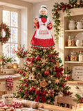 Cimier de sapin Mère Noël de 45 cm, vêtue de rouge avec un tablier blanc brodé, style pâtissier et shabby chic, parfait pour une ambiance de Noël chaleureuse et féérique