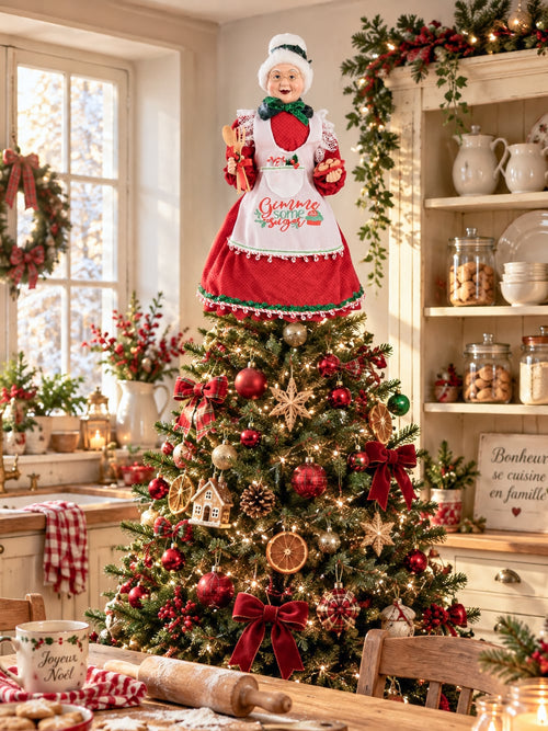 Cimier de sapin Mère Noël de 45 cm, vêtue de rouge avec un tablier blanc brodé, style pâtissier et shabby chic, parfait pour une ambiance de Noël chaleureuse et féérique