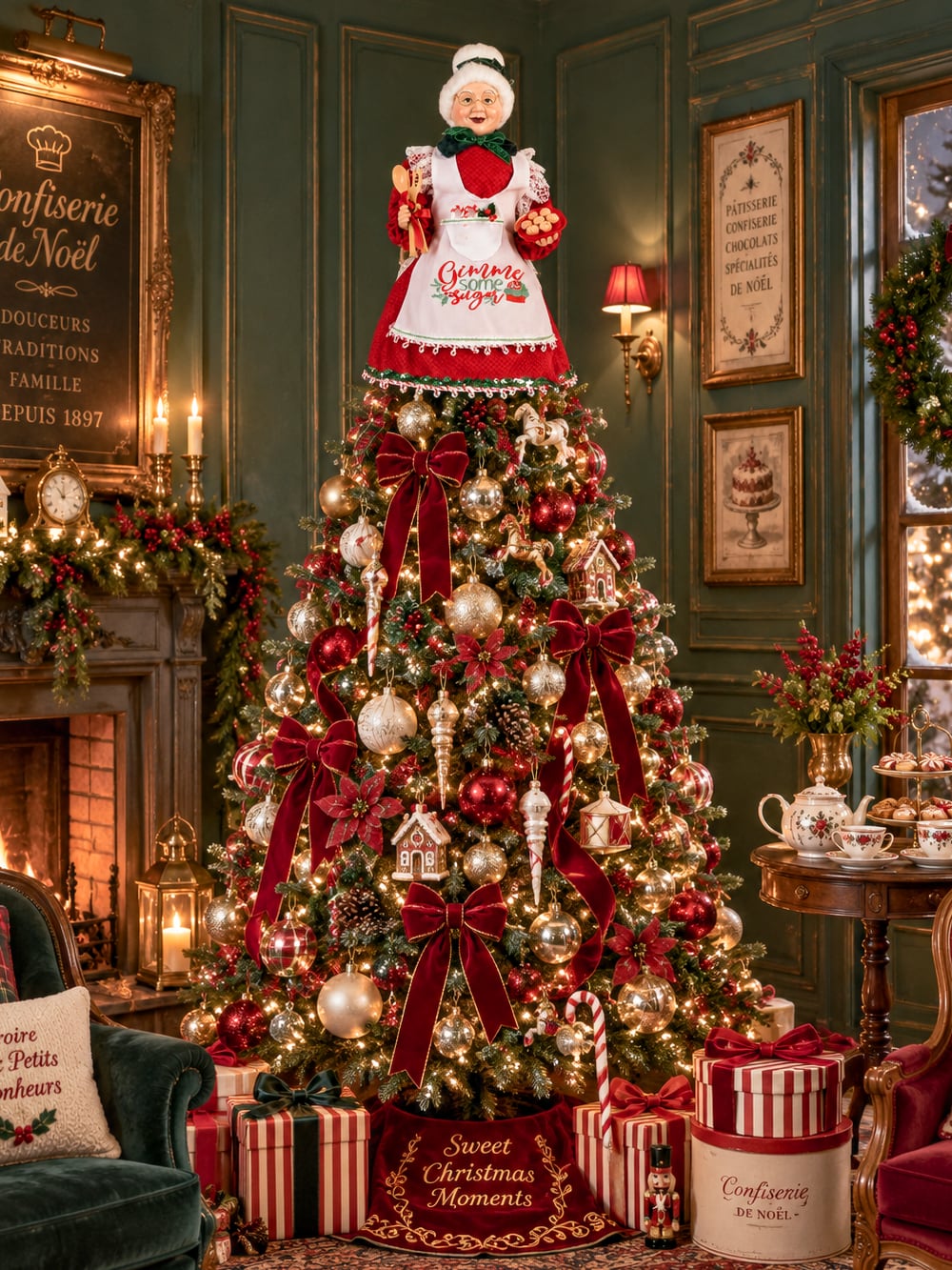 Cimier de sapin Mère Noël de 45 cm, vêtue de rouge avec un tablier blanc brodé, style pâtissier et shabby chic, parfait pour une ambiance de Noël chaleureuse et féérique