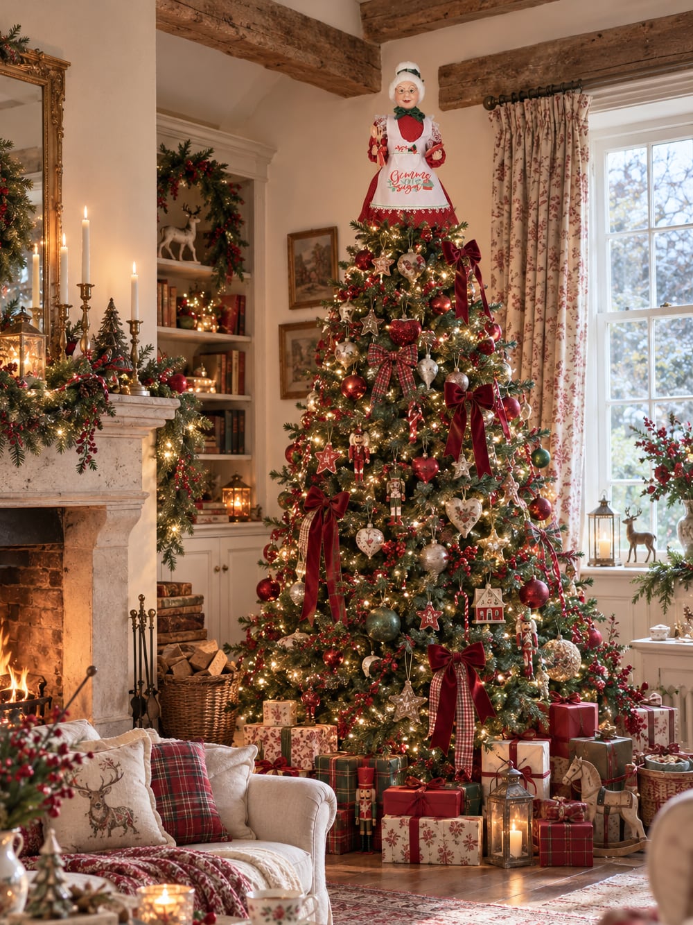 Cimier de sapin Mère Noël de 45 cm, vêtue de rouge avec un tablier blanc brodé, style pâtissier et shabby chic, parfait pour une ambiance de Noël chaleureuse et féérique