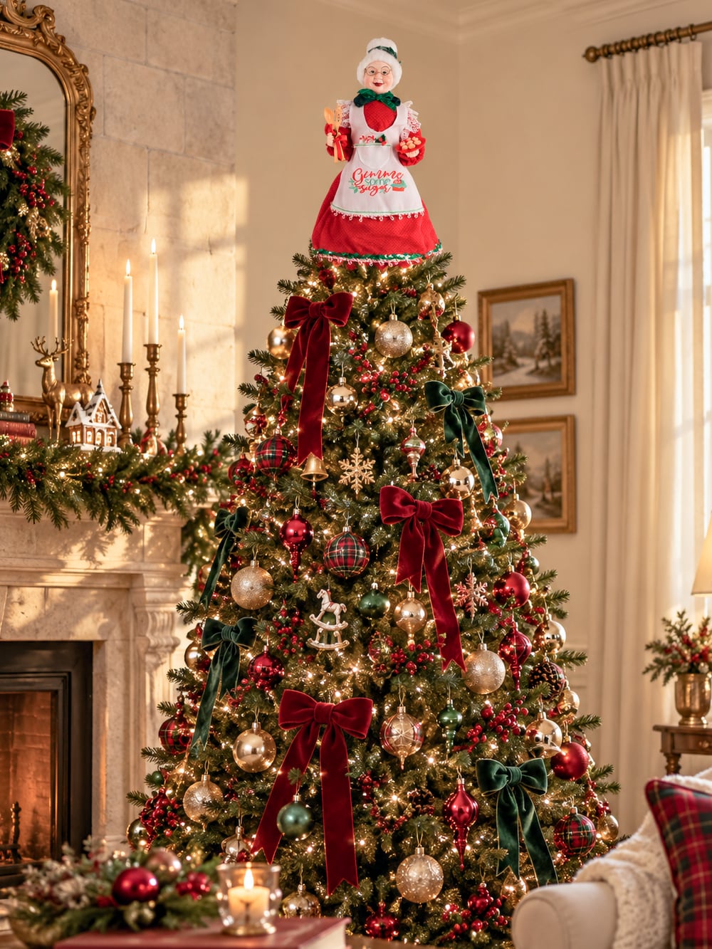 Cimier de sapin Mère Noël de 45 cm, vêtue de rouge avec un tablier blanc brodé, style pâtissier et shabby chic, parfait pour une ambiance de Noël chaleureuse et féérique