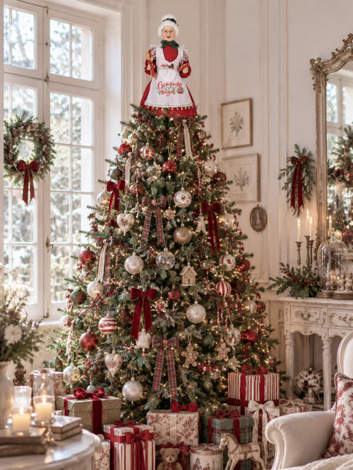 Cimier de sapin Mère Noël de 45 cm, vêtue de rouge avec un tablier blanc brodé, style pâtissier et shabby chic, parfait pour une ambiance de Noël chaleureuse et féérique