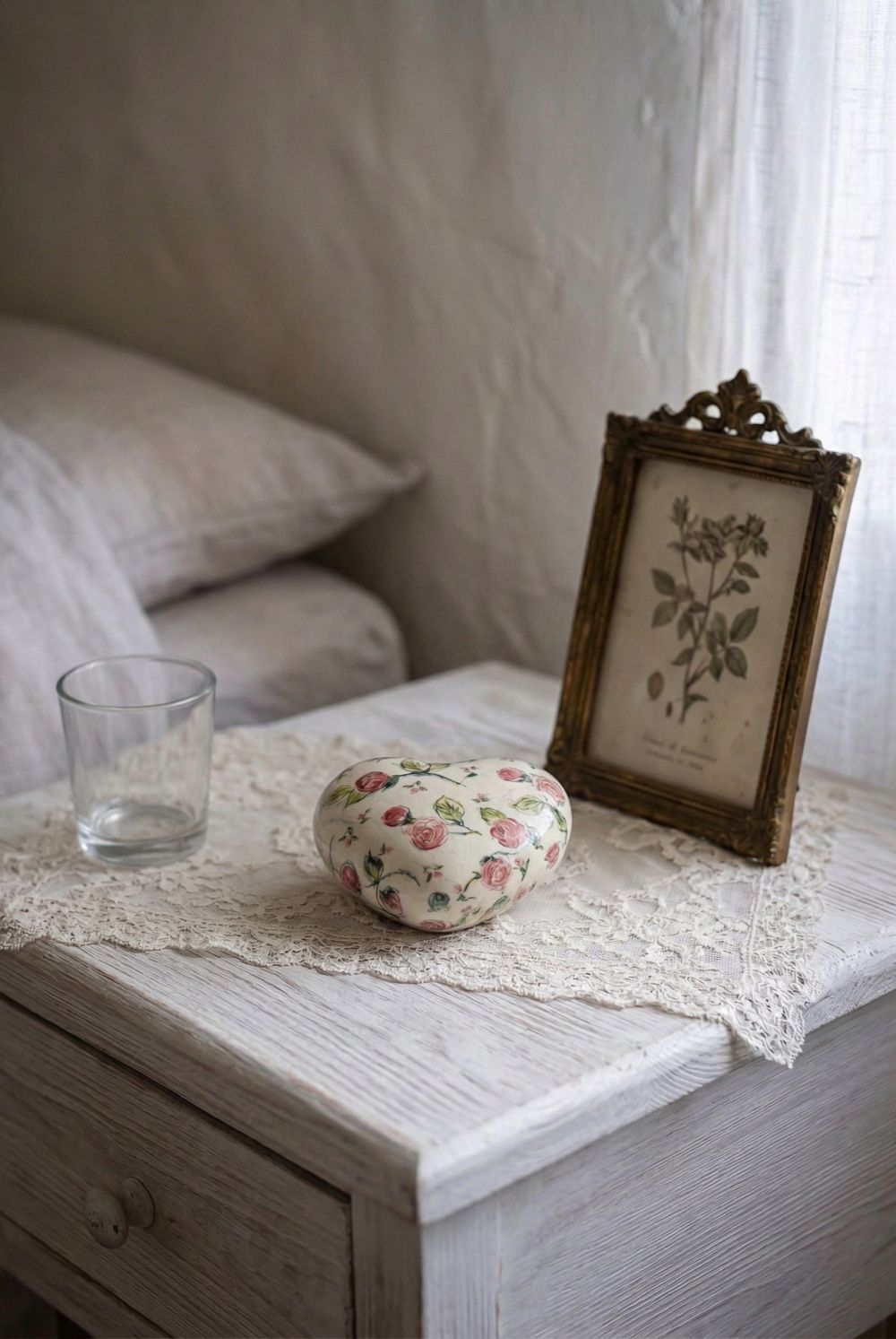 Cœur décoratif en terre cuite 11x10 cm motif liberty crème, rouge rosé et vert, style décoration romantique shabby chic ambiance maison de charme