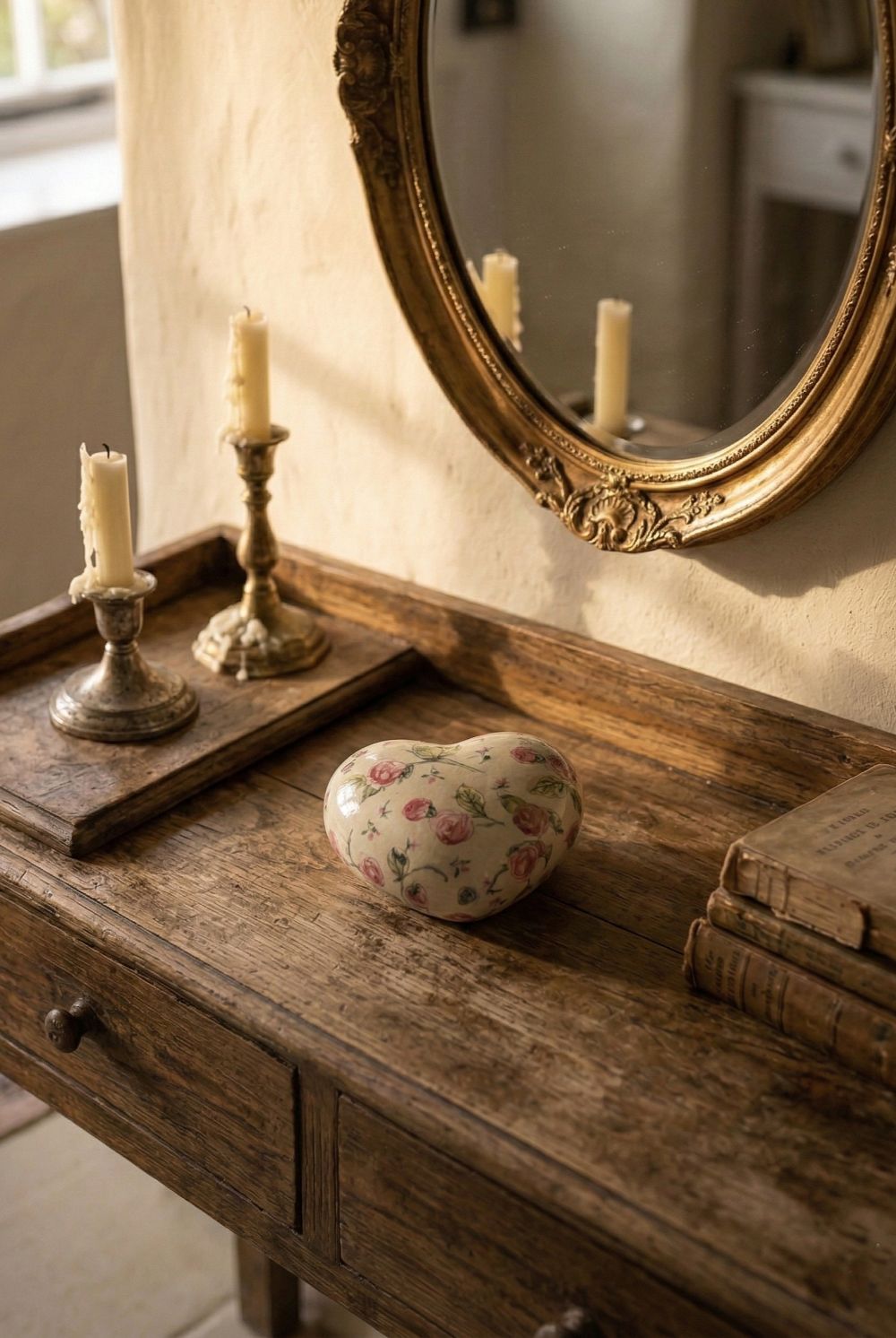 Cœur décoratif en terre cuite 11x10 cm motif liberty crème, rouge rosé et vert, style décoration romantique shabby chic ambiance maison de charme