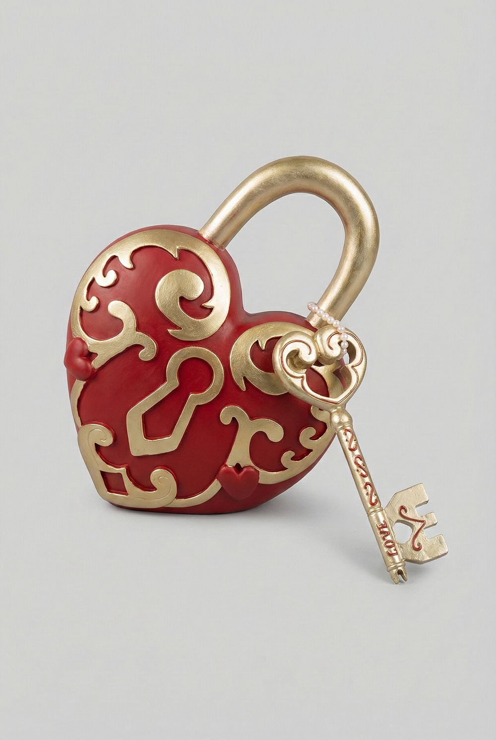 Cœur décoratif romantique rouge et doré avec clé, accessoire de décoration shabby chic et poétique, ambiance féérique et décoration de charme