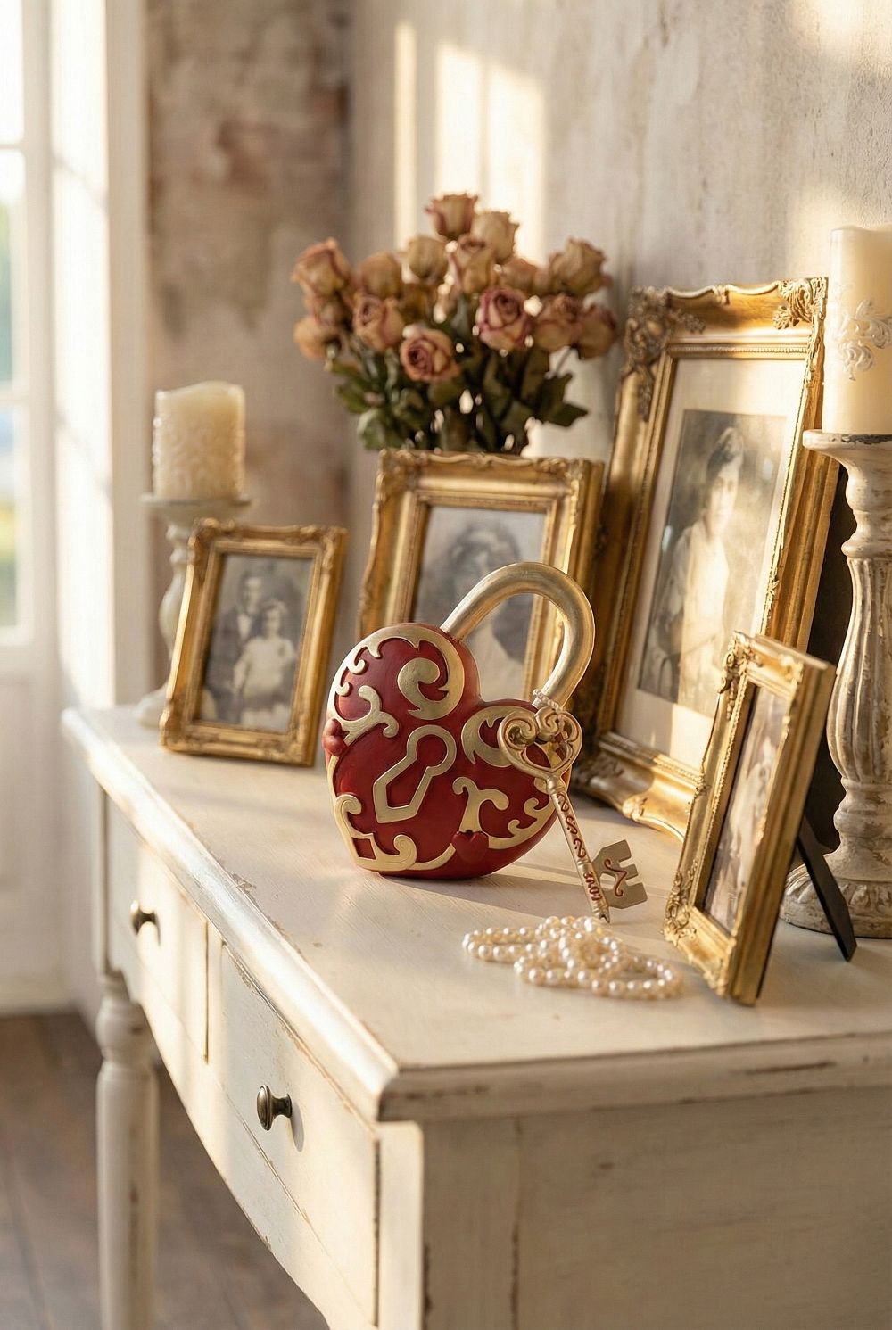 Cœur décoratif romantique rouge et doré avec clé, accessoire de décoration shabby chic et poétique, ambiance féérique et décoration de charme