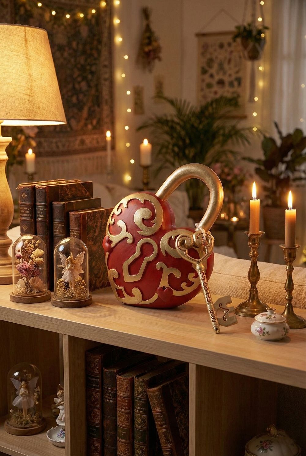 Cœur décoratif romantique rouge et doré avec clé, accessoire de décoration shabby chic et poétique, ambiance féérique et décoration de charme