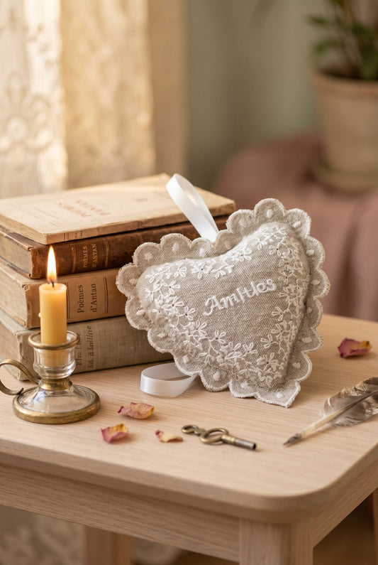 Cœur parfumé à la lavande en lin beige brodé Amitiés avec dentelle blanche style décoration romantique shabby chic ambiance douce et chaleureuse