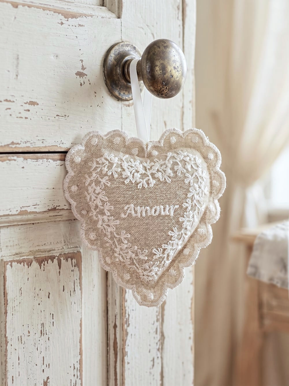 Cœur parfumé à la lavande en lin beige brodé Amour avec dentelle blanche style décoration romantique shabby chic ambiance douce et poétique