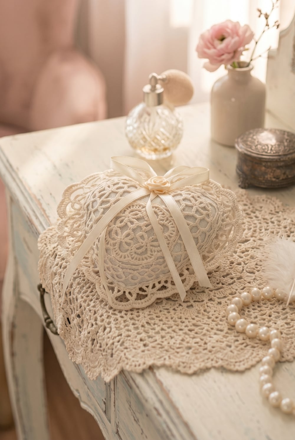 Cœur parfumé à la lavande en dentelle beige rosé avec ruban décoratif style romantique shabby chic décoration élégante et féminine