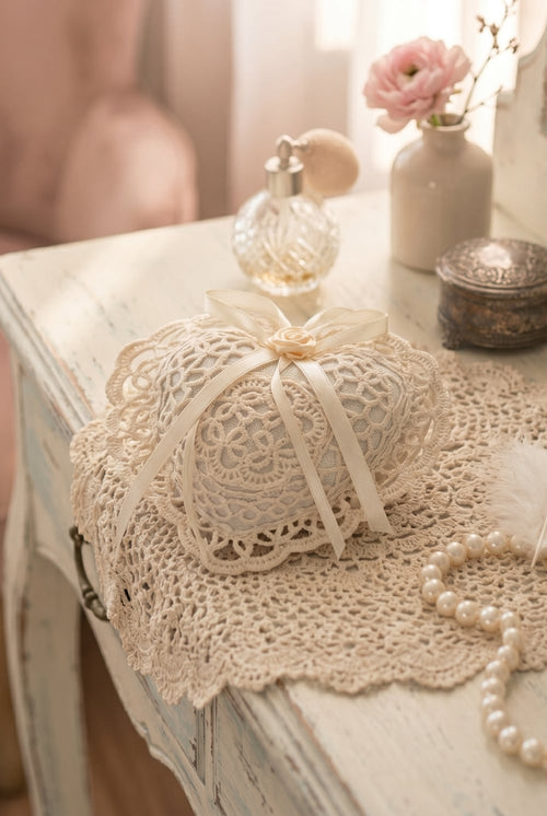 Cœur parfumé à la lavande en dentelle beige rosé avec ruban décoratif style romantique shabby chic décoration élégante et féminine
