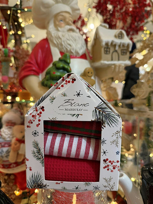 Coffret de 3 torchons de Noël en coton rouge, blanc et vert Blanc MariClò, style shabby chic et décoration de charme pour cuisine festive