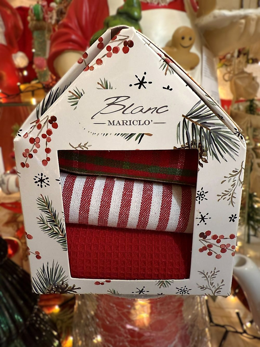 Coffret de 3 torchons de Noël en coton rouge, blanc et vert Blanc MariClò, style shabby chic et décoration de charme pour cuisine festive