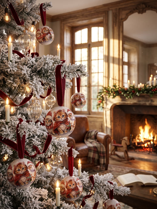 Coffret de boules de Noël blanches illustrées de chatons vêtus de bonnets et d'écharpes rouges, décoration féérique pour sapin de Noël et ambiance chaleureuse d'hiver