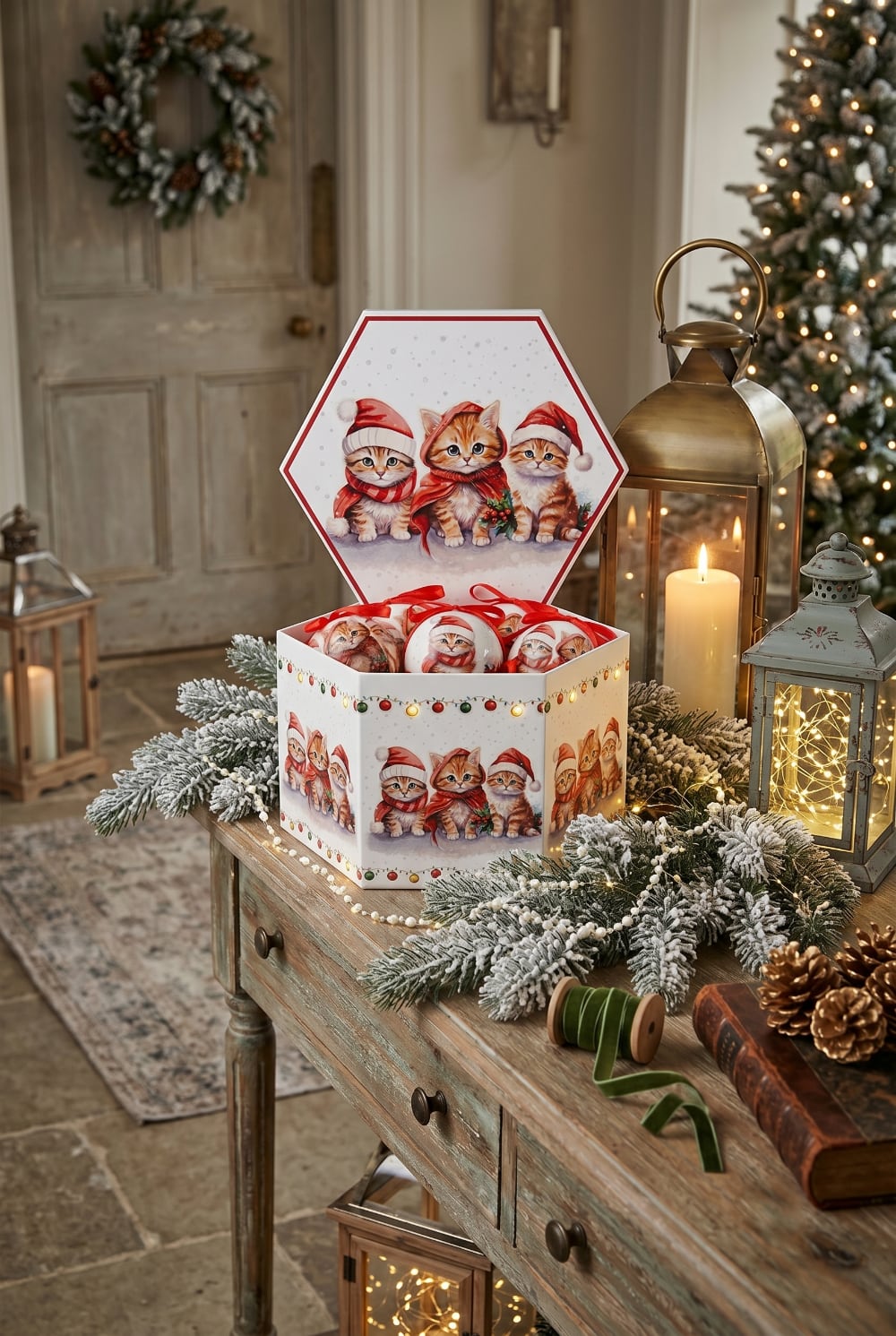 Coffret de boules de Noël blanches illustrées de chatons vêtus de bonnets et d'écharpes rouges, décoration féérique pour sapin de Noël et ambiance chaleureuse d'hiver
