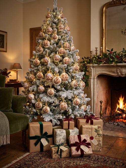 Coffret de boules de Noël décoratives illustrées de scènes d'enfance et de petits oiseaux, dans des tons crème et beige, suspendues sur un sapin enneigé au style romantique et vintage