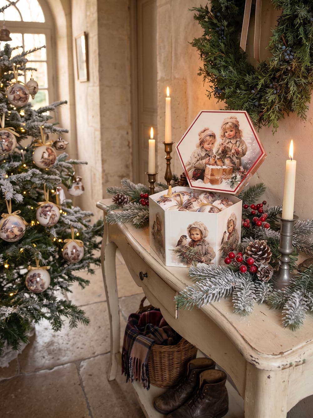 Coffret de boules de Noël décoratives illustrées de scènes d'enfance et de petits oiseaux, dans des tons crème et beige, suspendues sur un sapin enneigé au style romantique et vintage