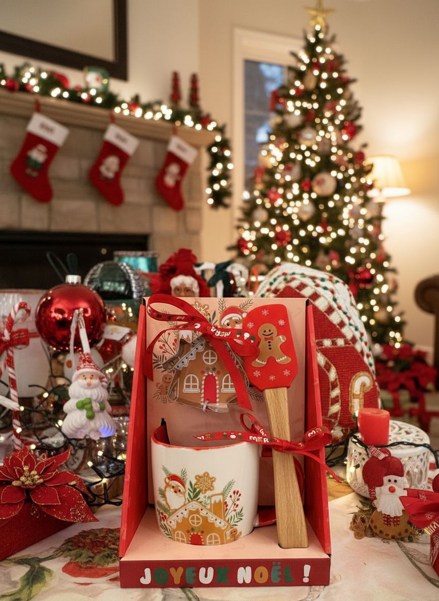 Coffret cadeau de Noël avec mug en porcelaine, spatule en bois et emporte-pièce maison pain d’épices, décor Père Noël, style shabby chic et féérique