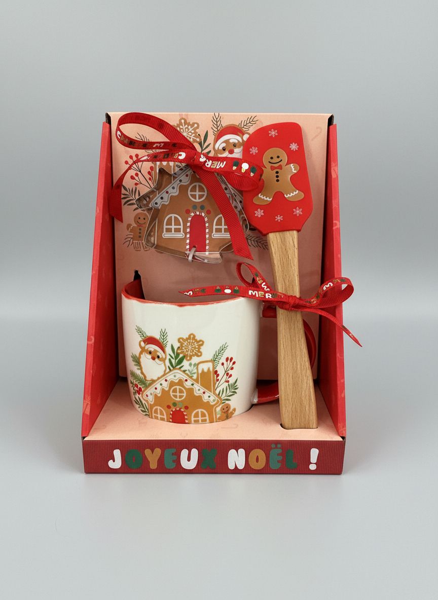 Coffret cadeau de Noël avec mug en porcelaine, spatule en bois et emporte-pièce maison pain d’épices, décor Père Noël, style shabby chic et féérique