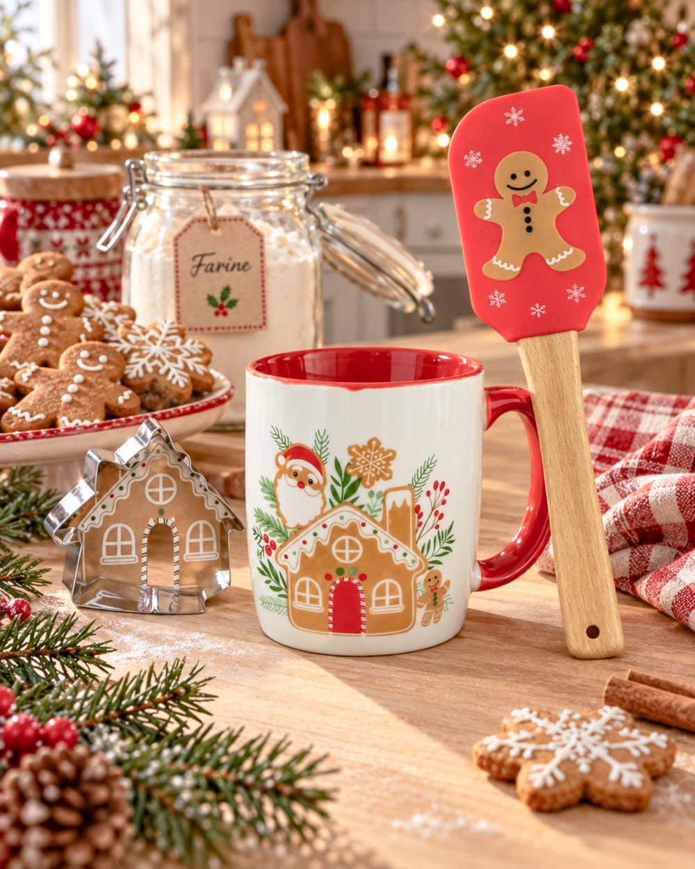 Coffret cadeau de Noël avec mug en porcelaine, spatule en bois et emporte-pièce maison pain d’épices, décor Père Noël, style shabby chic et féérique