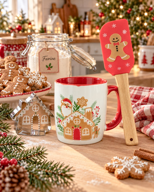 Coffret cadeau de Noël avec mug en porcelaine, spatule en bois et emporte-pièce maison pain d’épices, décor Père Noël, style shabby chic et féérique