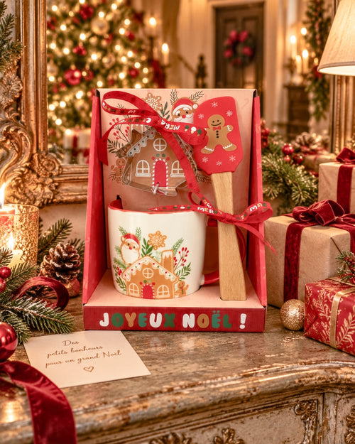Coffret cadeau de Noël avec mug en porcelaine, spatule en bois et emporte-pièce maison pain d’épices, décor Père Noël, style shabby chic et féérique