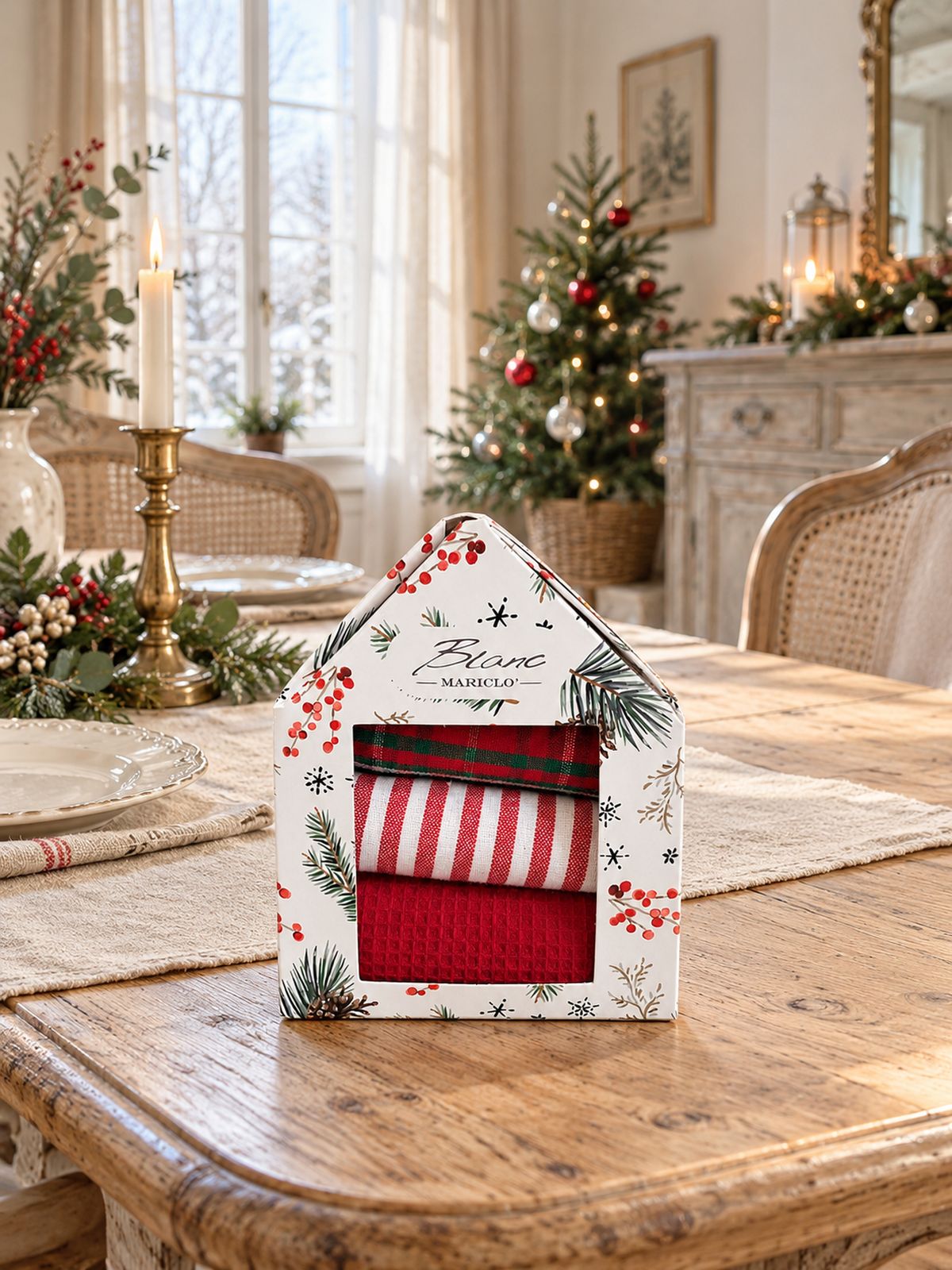 Coffret de torchons de Noël Blanc MariClò sur une table en bois dressée dans une salle à manger lumineuse avec un sapin en arrière-plan.