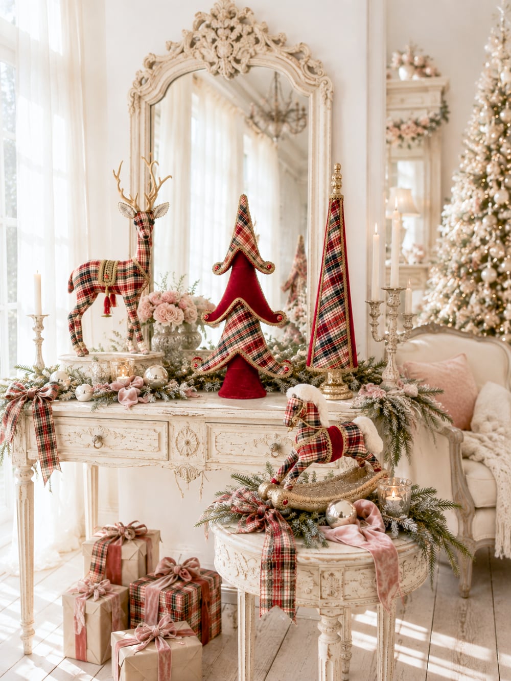 Collection de décorations de Noël tartan rouge avec cerf, cheval à bascule et sapins décoratifs dans une ambiance de Noël chaleureuse et raffinée
