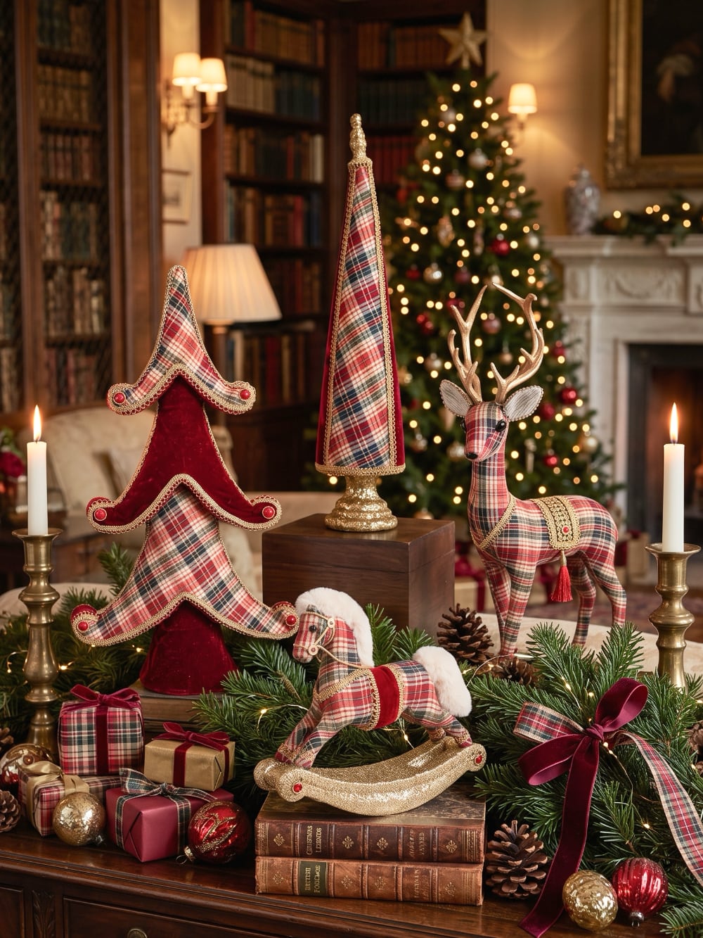 Collection de décorations de Noël tartan rouge avec cerf, cheval à bascule et sapins décoratifs dans une ambiance de Noël chaleureuse et raffinée