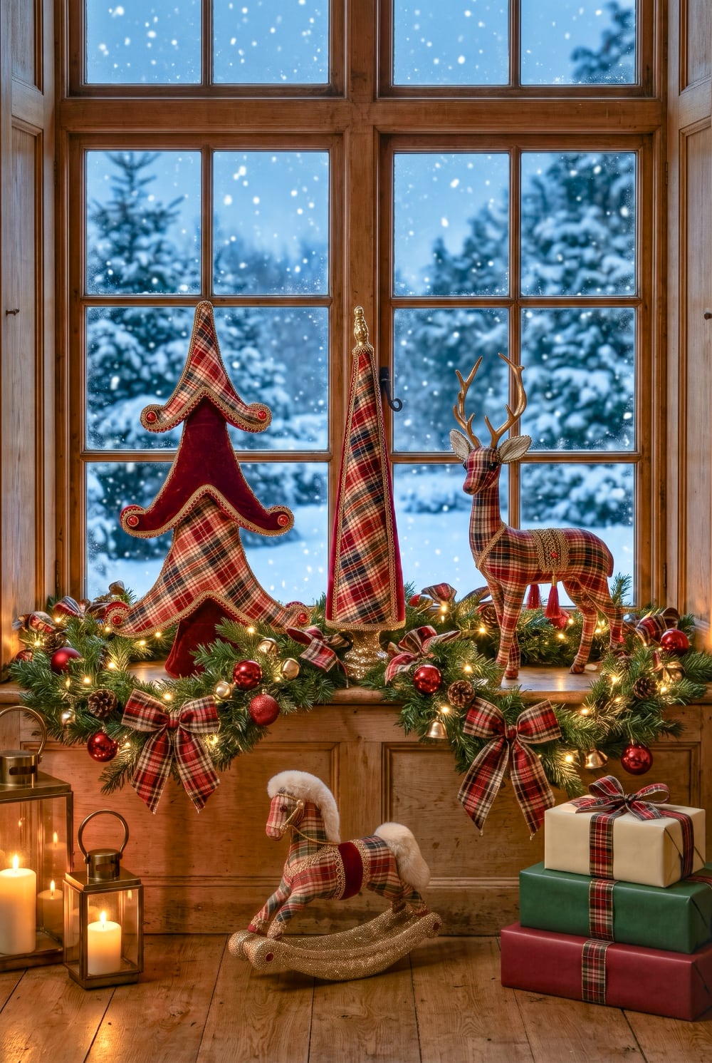 Collection de décorations de Noël tartan rouge avec cerf, cheval à bascule et sapins décoratifs dans une ambiance de Noël chaleureuse et raffinée