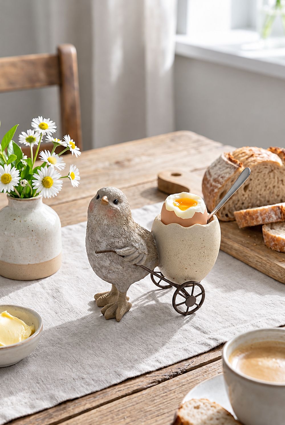 Coquetier poussin avec un œuf à la coque sur une table en bois, près de pain et de marguerites.