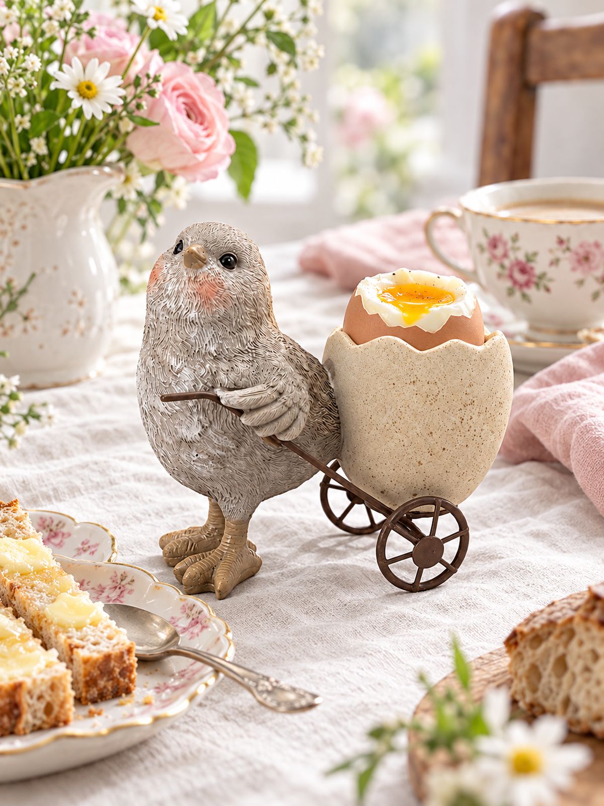 Coquetier poussin avec un œuf à la coque ouvert, accompagné de mouillettes sur une table de petit-déjeuner romantique.