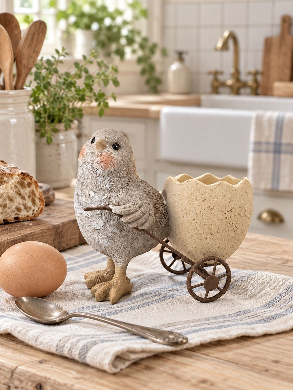 Coquetier poussin posé sur un torchon rayé dans une cuisine de campagne lumineuse, près d’un œuf et d’une cuillère.