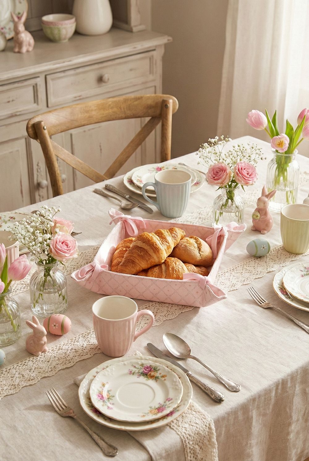 Corbeille à pain Lapinou pour décoration de table de Pâques, beige naturel et blanc doux, style shabby chic romantique et charme poétique