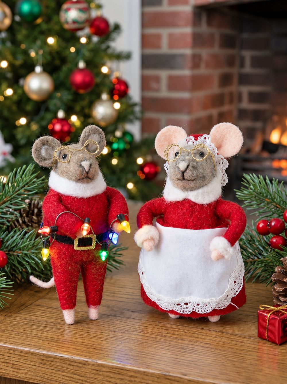 Couple de souris de Noël en feutrine rouge présenté sur une table en bois devant un sapin.