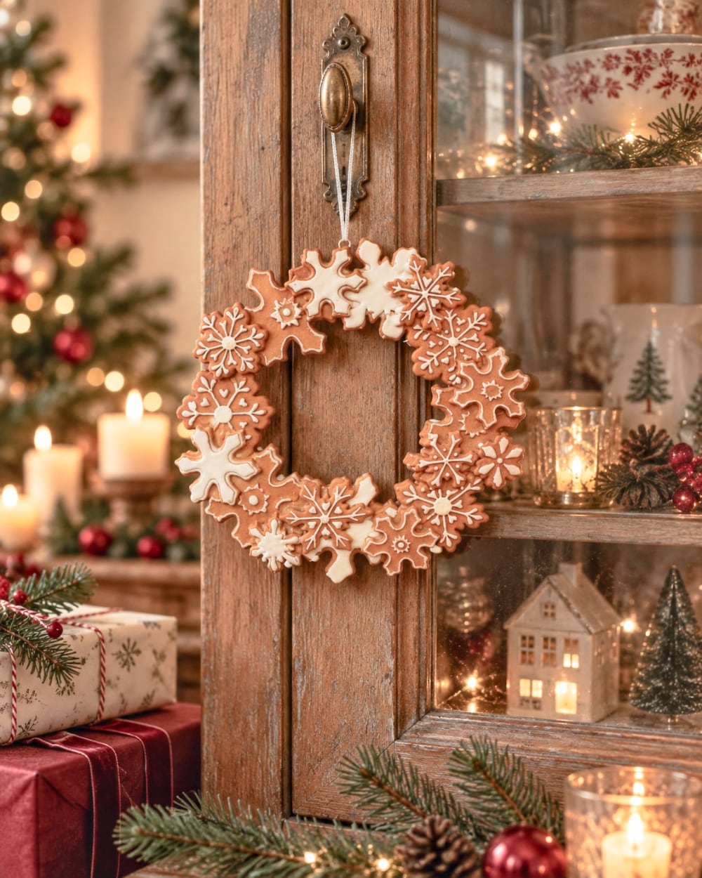 Couronne décorative d’étoiles Pain d’Épices marron et blanc, décoration de Noël féérique et poétique à suspendre, diamètre 18 cm