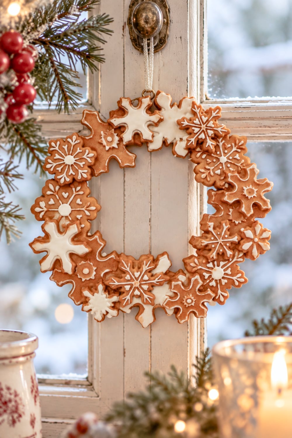 Couronne décorative d’étoiles Pain d’Épices marron et blanc, décoration de Noël féérique et poétique à suspendre, diamètre 18 cm