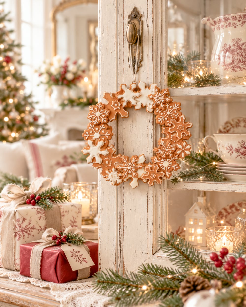 Couronne décorative d’étoiles Pain d’Épices marron et blanc, décoration de Noël féérique et poétique à suspendre, diamètre 18 cm