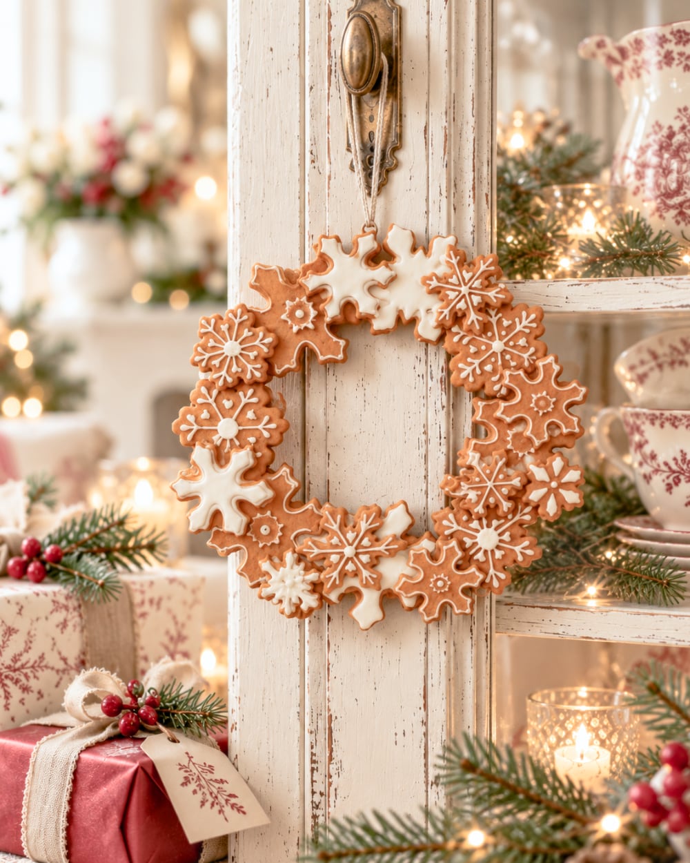 Couronne décorative d’étoiles Pain d’Épices marron et blanc, décoration de Noël féérique et poétique à suspendre, diamètre 18 cm