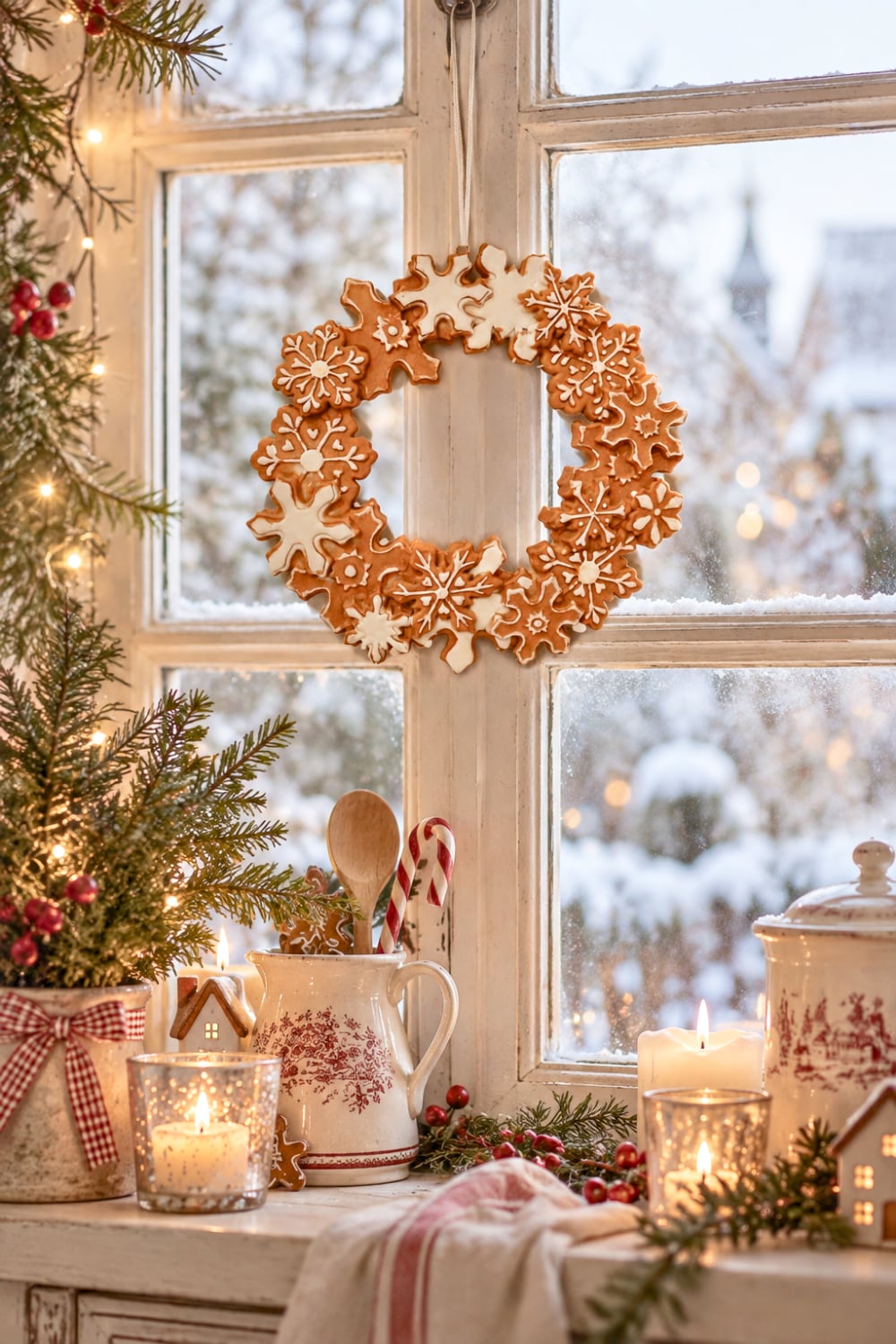 Couronne décorative d’étoiles Pain d’Épices marron et blanc, décoration de Noël féérique et poétique à suspendre, diamètre 18 cm