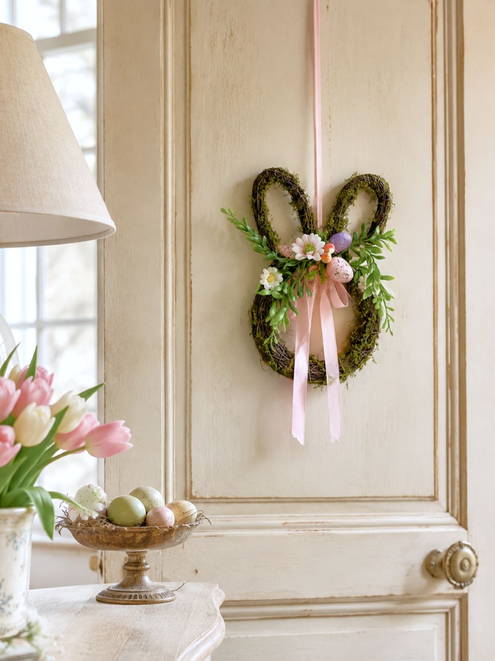 Couronne de Pâques en forme de lapin en osier brun, décorée de feuillage vert, fleurs roses, œufs pastel et rubans, style shabby chic romantique