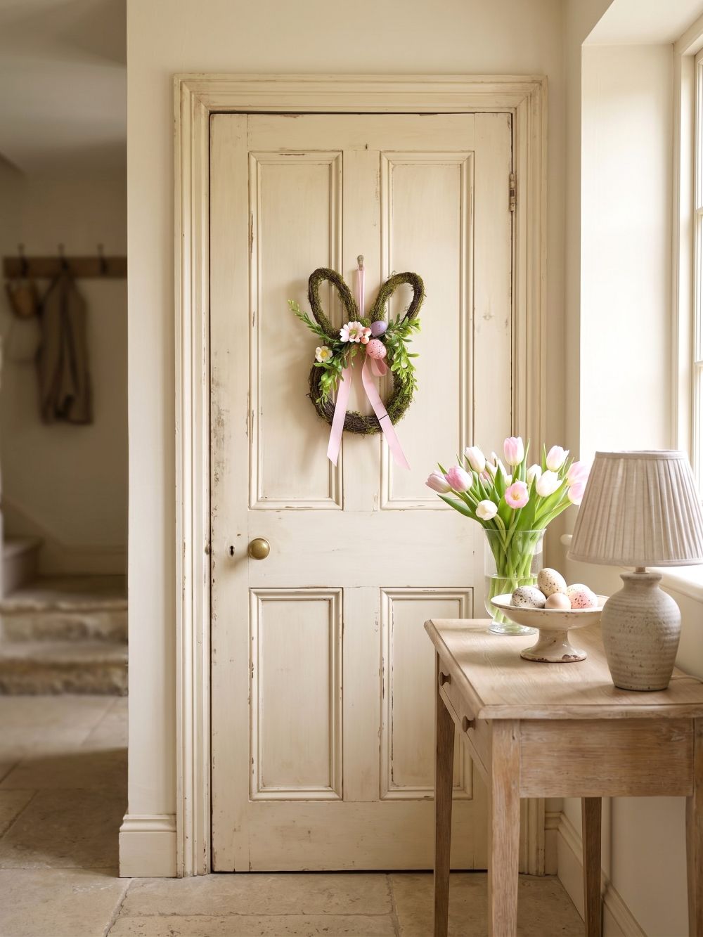 Couronne de Pâques en forme de lapin en osier brun, décorée de feuillage vert, fleurs roses, œufs pastel et rubans, style shabby chic romantique