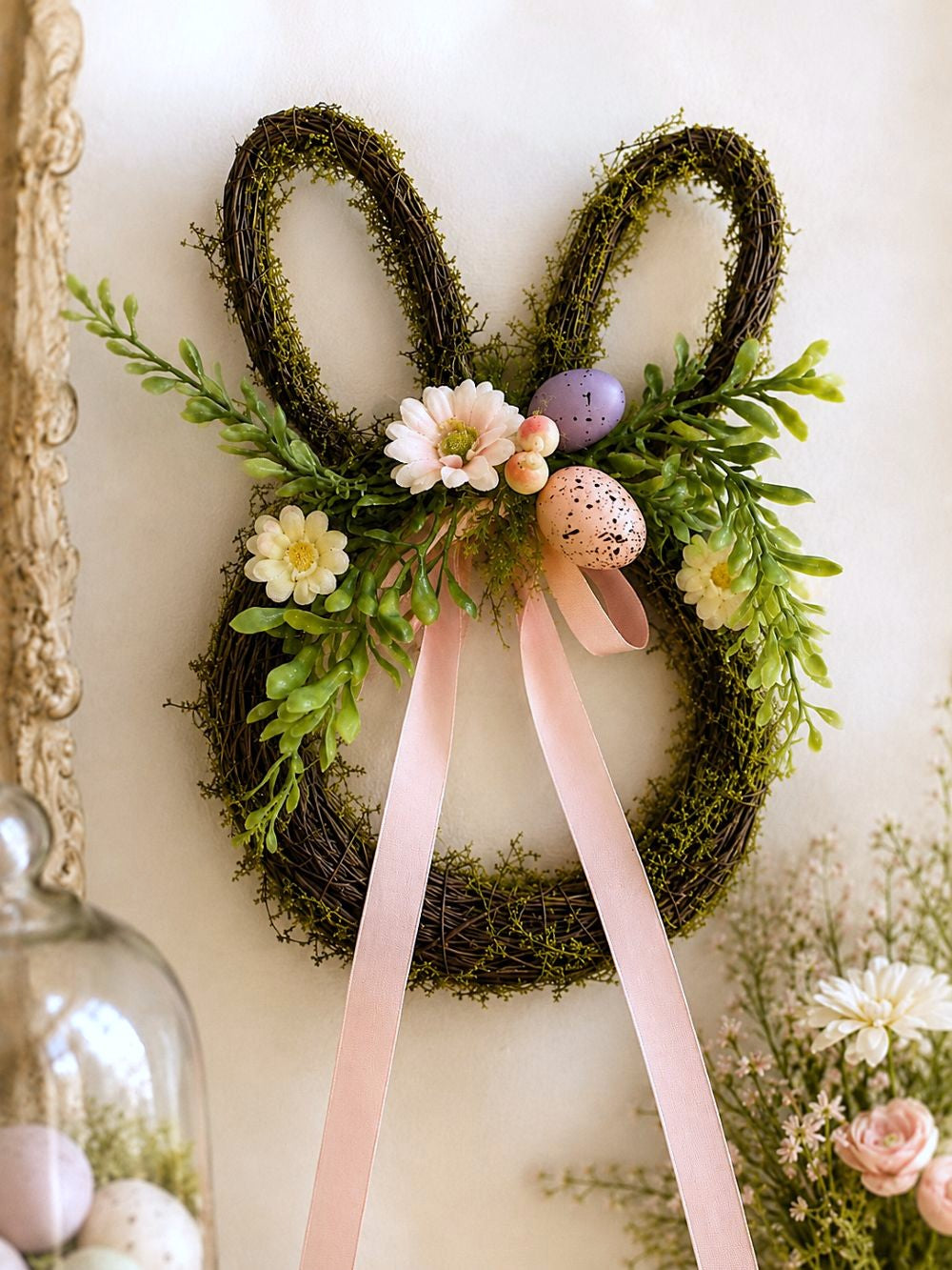 Couronne de Pâques en forme de lapin en osier brun, décorée de feuillage vert, fleurs roses, œufs pastel et rubans, style shabby chic romantique