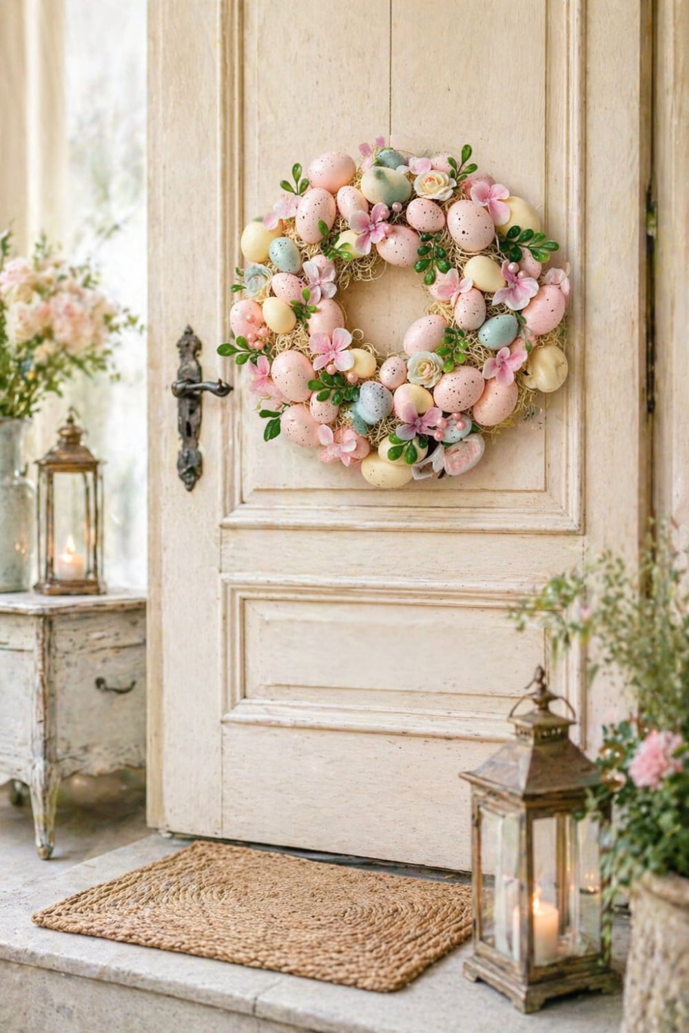 Couronne de Pâques décorative avec œufs pastel roses jaunes et bleus, fleurs et feuillage, style shabby chic romantique et printanier