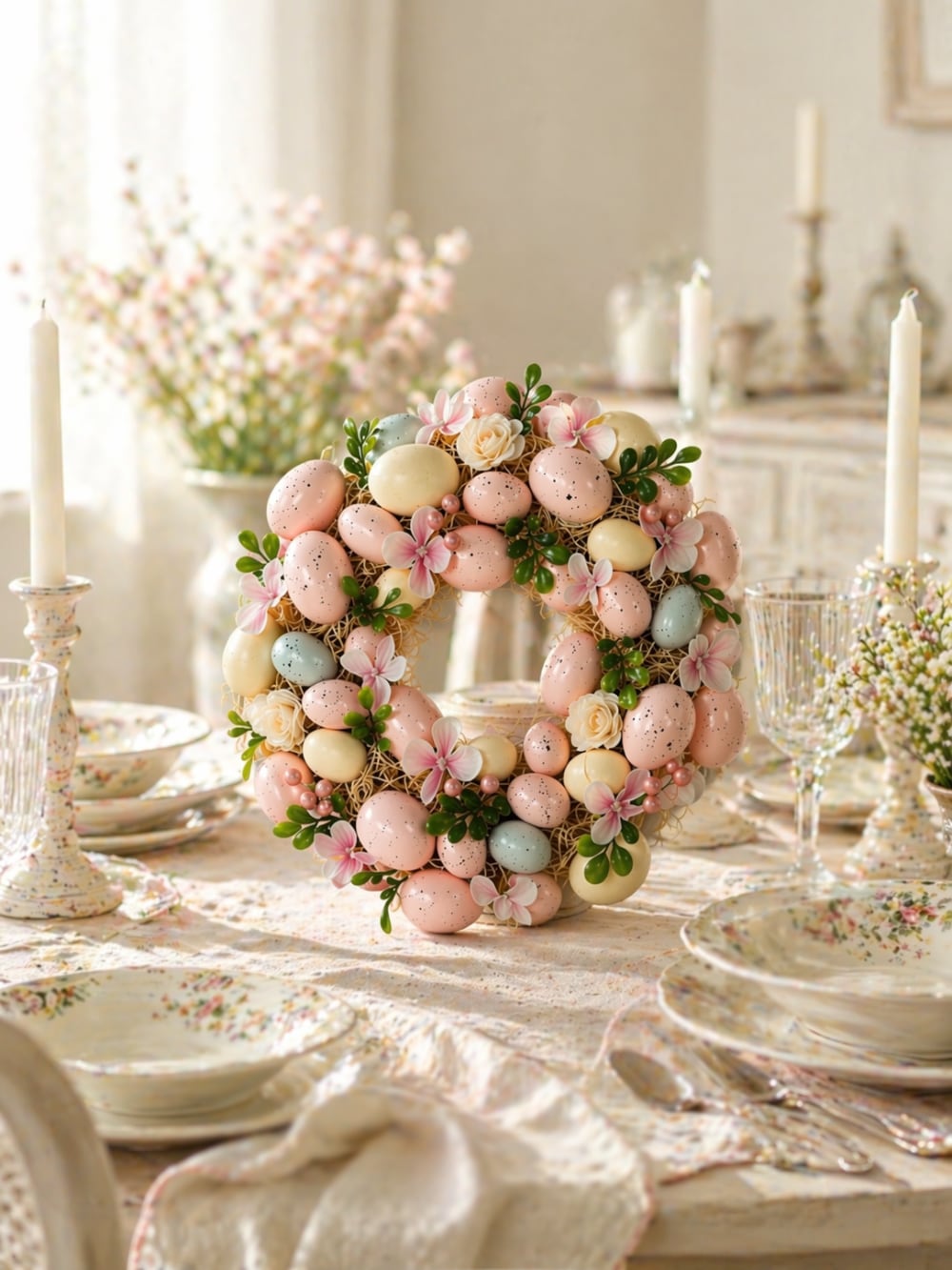 Couronne de Pâques décorative avec œufs pastel roses jaunes et bleus, fleurs et feuillage, style shabby chic romantique et printanier