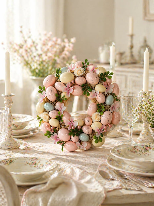 Couronne de Pâques décorative avec œufs pastel roses jaunes et bleus, fleurs et feuillage, style shabby chic romantique et printanier