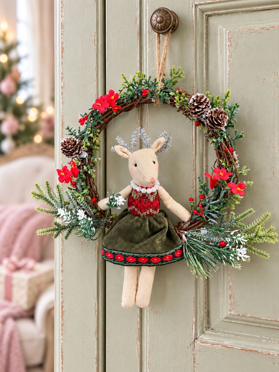 Couronne décorative avec souris en tenue rouge et verte sur une armoire patinée vert sauge.