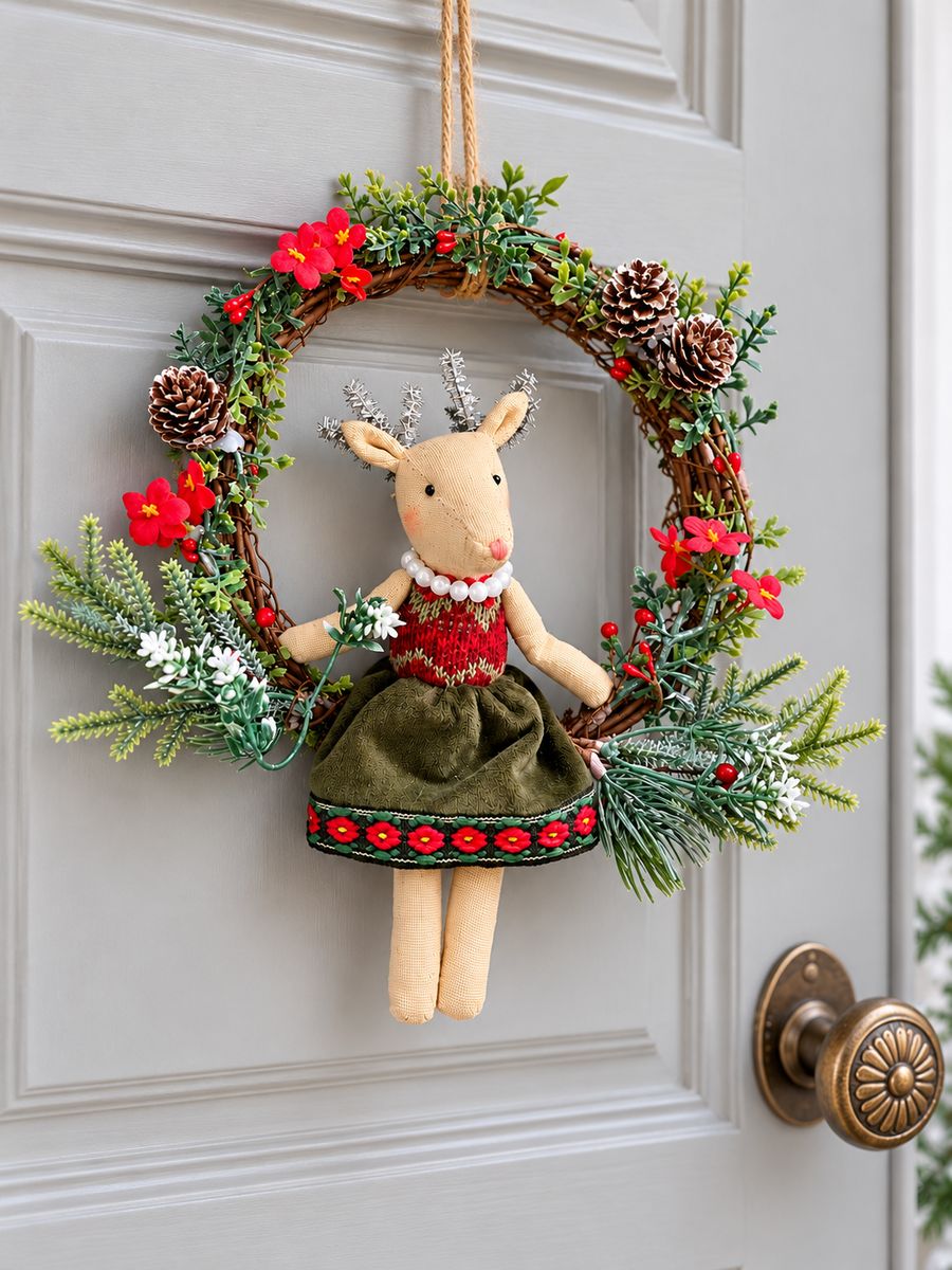 Couronne de Noël avec souris en tissu suspendue à une porte moulurée gris perle.