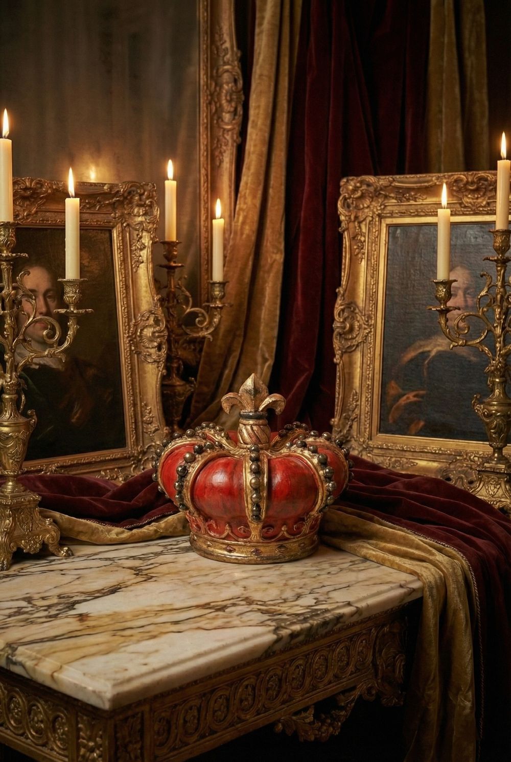 Couronne royale décorative rouge et dorée, accessoire de décoration baroque pour cabinet de curiosités et château ancien