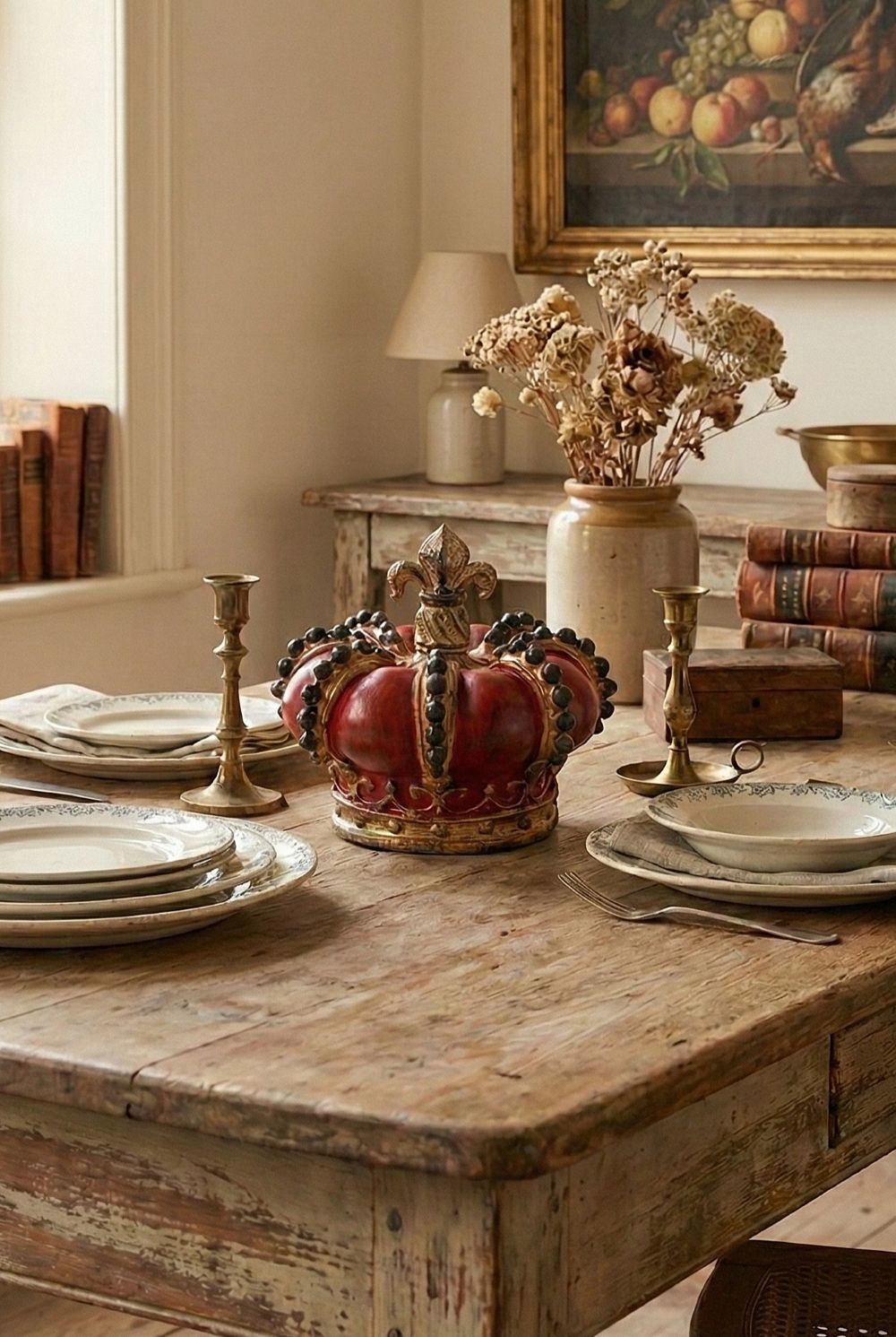 Couronne royale décorative rouge et dorée, accessoire de décoration baroque pour cabinet de curiosités et château ancien